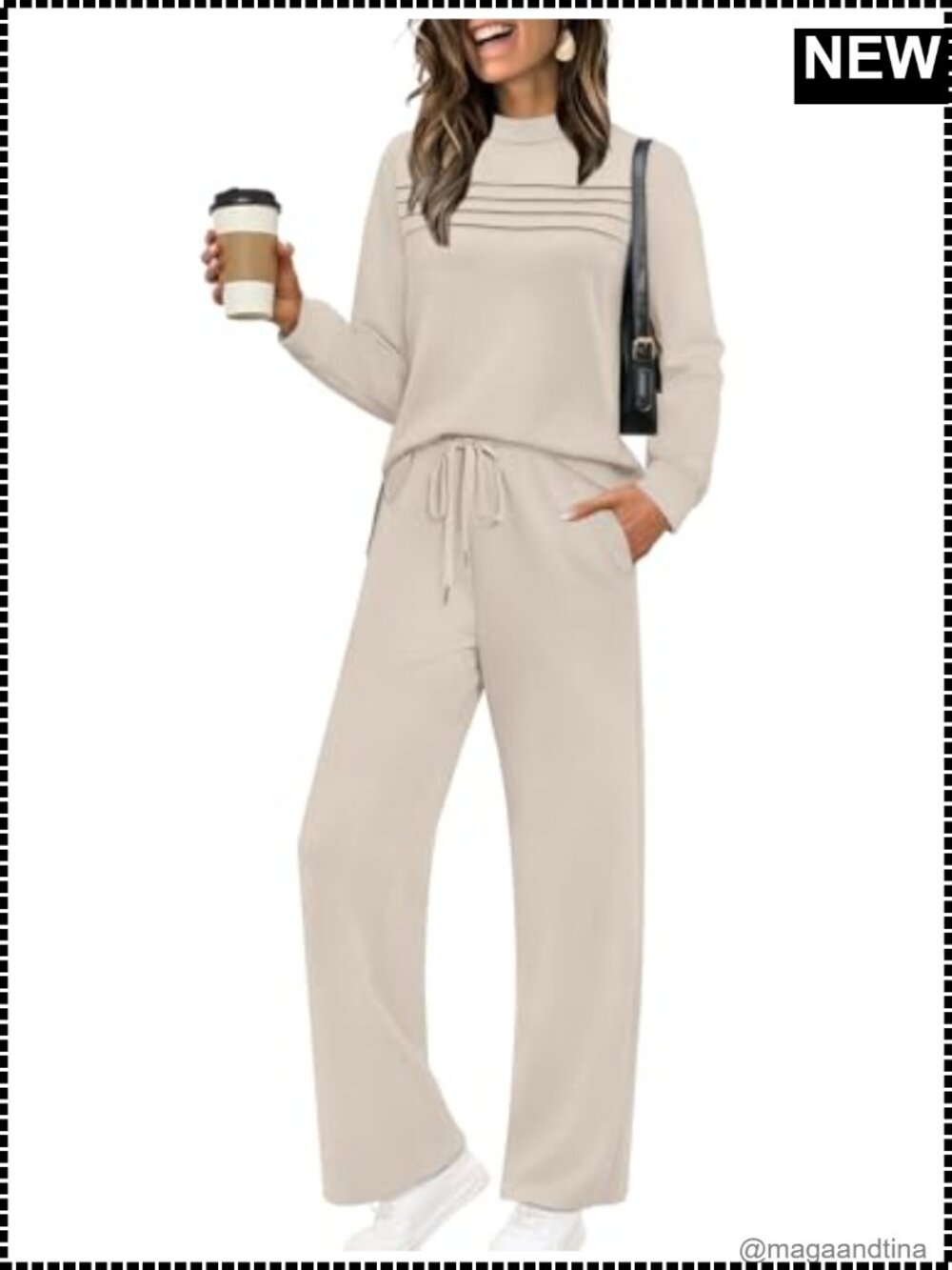 Two Piece Lounge Set Long Sleeve Top Wide Leg Crop Pants Travel